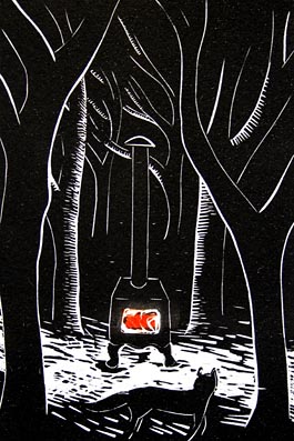 Winter Stove, linocut
